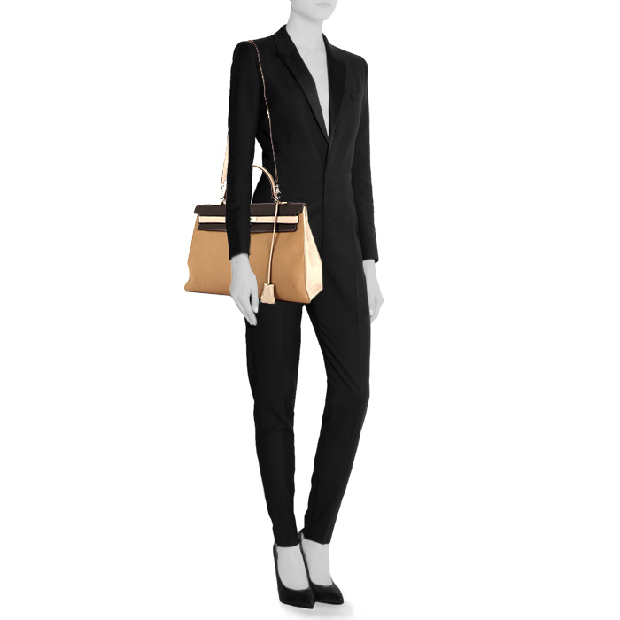 Sac à main Hermes Kelly 35 cm en cuir togo tricolore beige argile beige-sable et brun - Detail D1