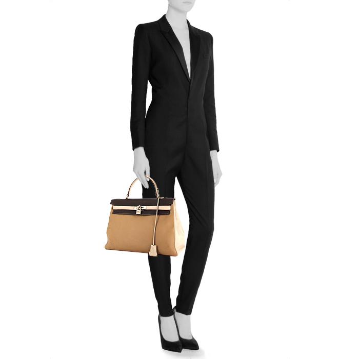Borsa Hermes Kelly 35 cm in pelle togo tricolore beige e brown - Detail D2