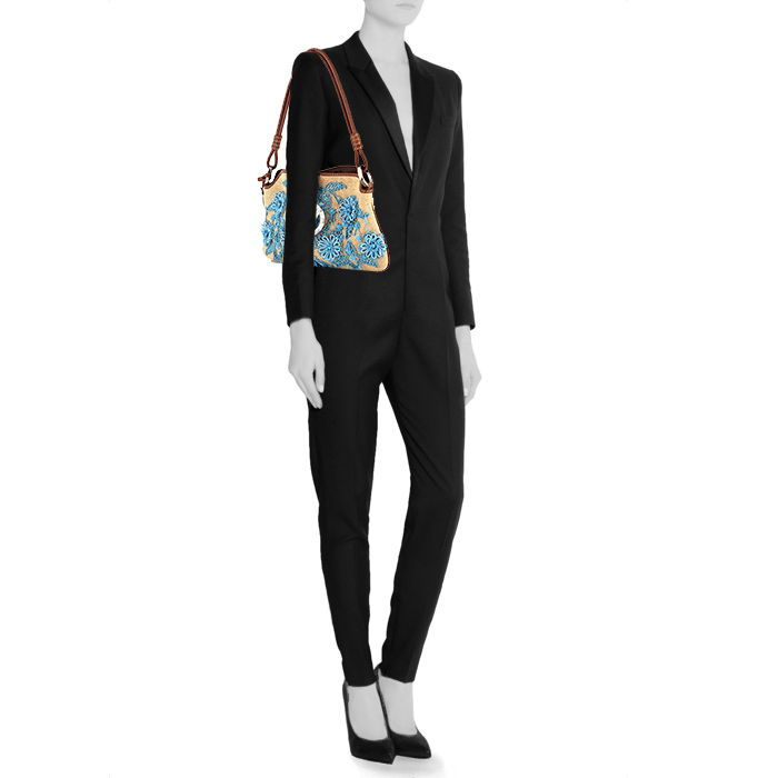 Borsa Valentino Garavani in tela di juta beige con perle ricamate e pelle marrone - Detail D1