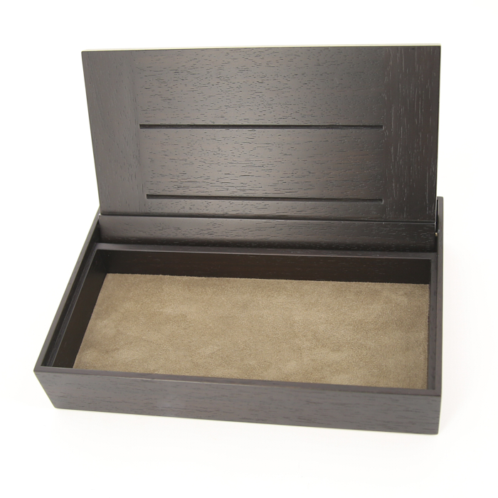 Gioielli scatola Hermès in legno marrone e pelle taurillon clemence etoupe - Detail D1