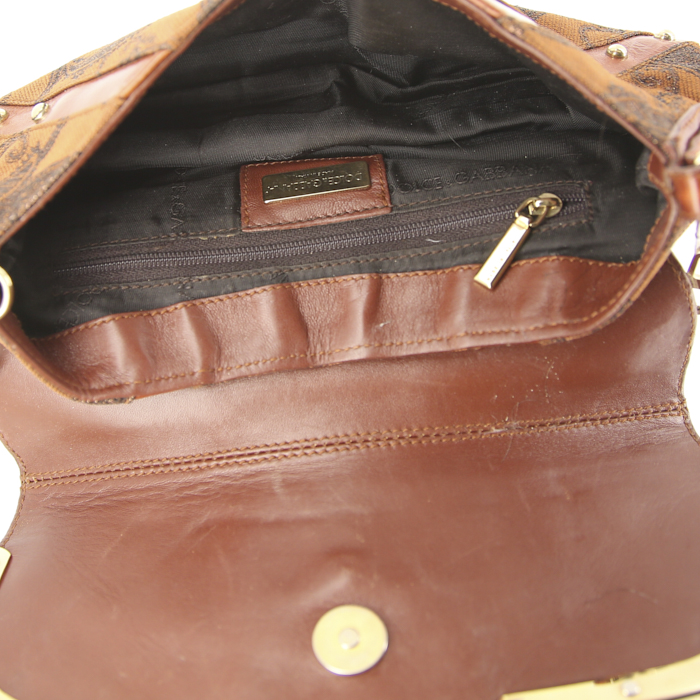 Dolce & Gabbana bag worn on the shoulder or carried in the hand in brown and studded natural canvas and brown leather - Detail D2