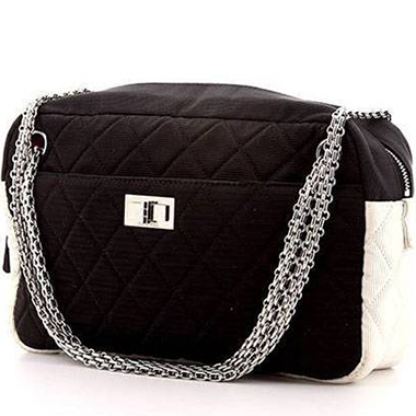 Bolso de mano Chanel Camera en lona negra y blanca