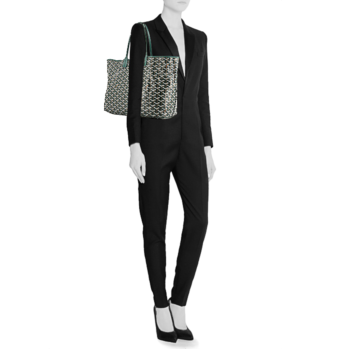 Goyard Saint-Louis small model shopping bag in green monogram canvas and green leather - Detail D1