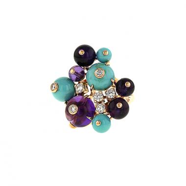 Bague Cartier Délice de Goa grand modèle en or rose,  améthyste et turquoises et en diamants