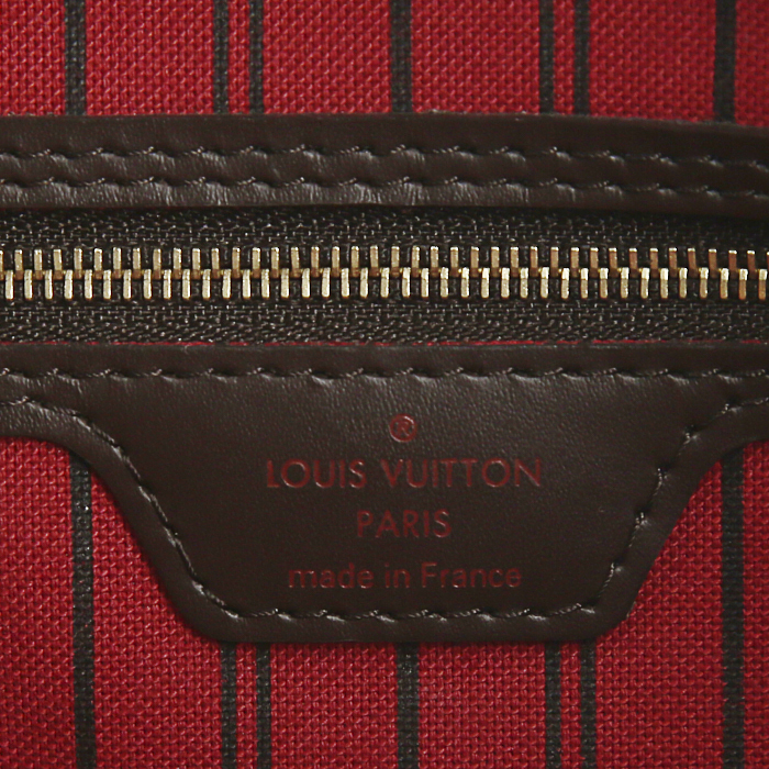 Louis Vuitton Neverfull small model shopping bag in ebene damier canvas and brown leather - Detail D3