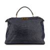 Fendi Peekaboo large model handbag in blue denim canvas and brown leather - 360 thumbnail
