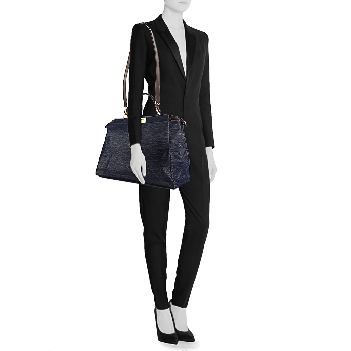 Fendi Peekaboo large model handbag in blue denim canvas and brown leather - Detail D1