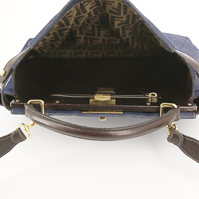 Fendi Peekaboo large model handbag in blue denim canvas and brown leather - Detail D3