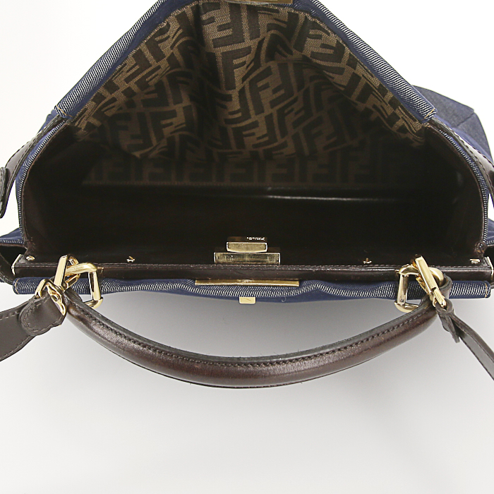 Fendi Peekaboo large model handbag in blue denim canvas and brown leather - Detail D4