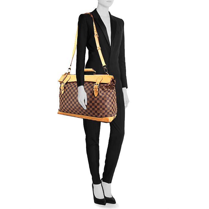 Louis Vuitton Greenwich travel bag in ebene damier canvas and natural leather - Detail D1