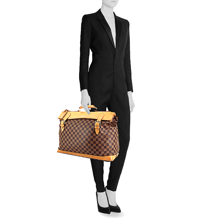 Louis Vuitton Greenwich travel bag in ebene damier canvas and natural leather - Detail D2