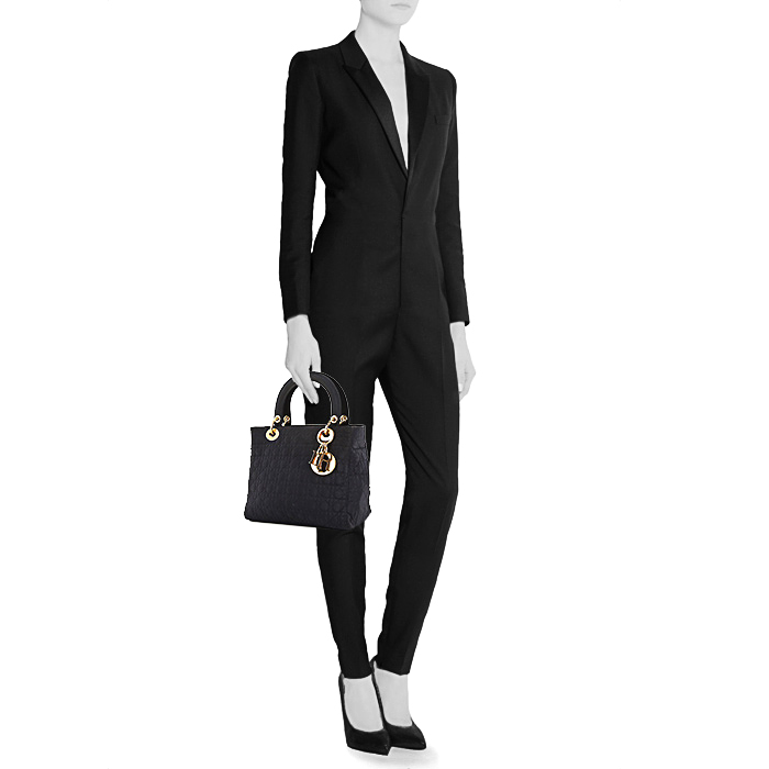 Dior Lady Dior handbag in black canvas cannage - Detail D1