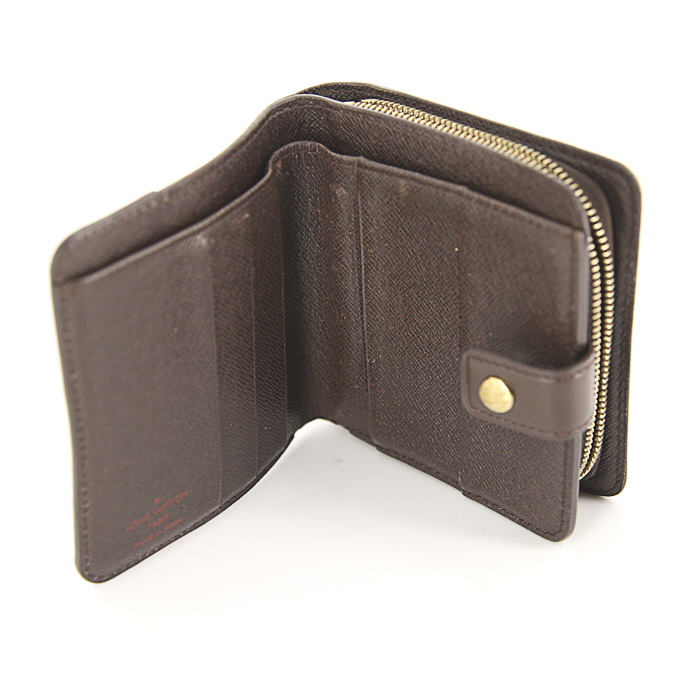 Louis Vuitton Zippy wallet in ebene damier canvas and brown leather - Detail D1