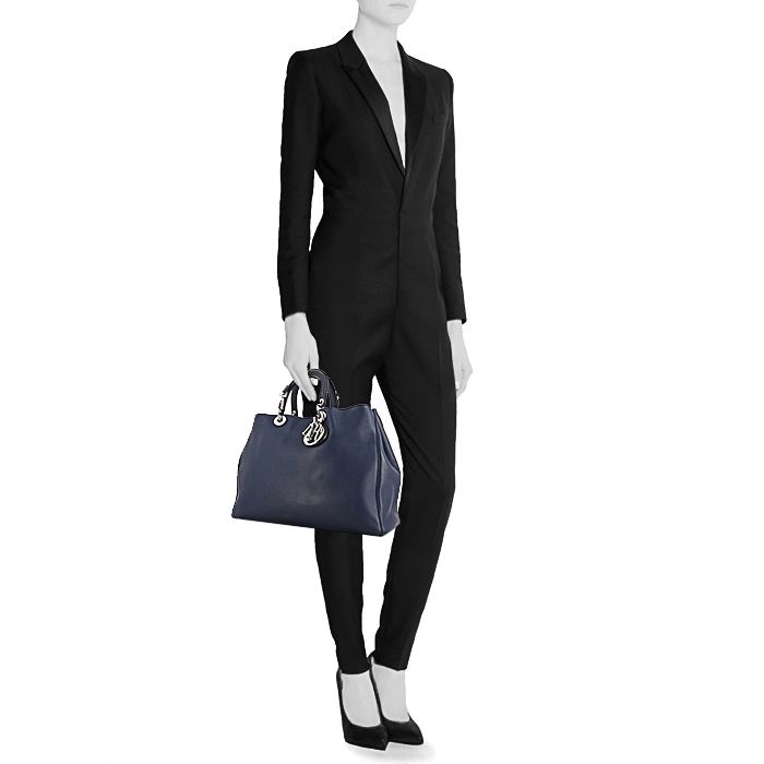 Dior Diorissimo large model shopping bag in navy blue leather - Detail D2