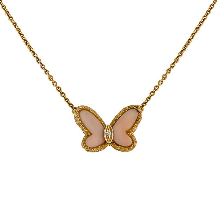 Collier époque années 70 Van Cleef & Arpels Alhambra Vintage en or jaune,  corail rose et diamant