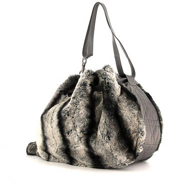 Sac à main Dior Shopping en fourrure grise blanche et noire et cuir gris