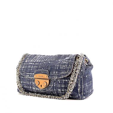 Bolso bandolera Prada Tela Tweed en tweed bicolor azul y blanco y cuero natural