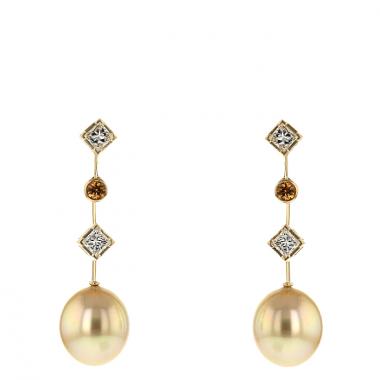 Orecchini pendenti Chaumet Clarisse in oro giallo,  perle gold e zaffiri arancioni e diamanti