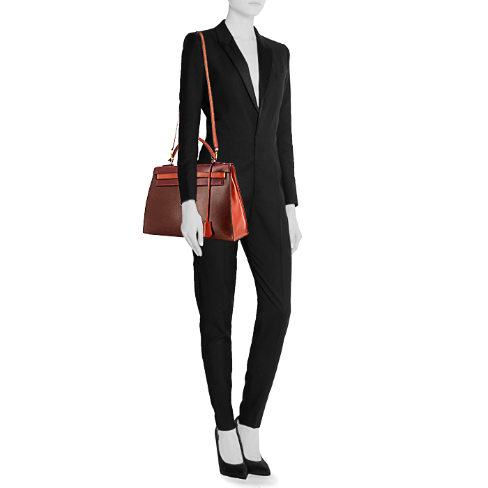 Hermes Kelly 32 cm handbag in burgundy, rust-coloured and brown tricolor box leather - Detail D1