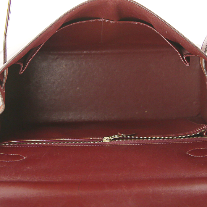 Sac à main Hermes Kelly 32 cm en cuir box tricolore bordeaux rouge-rouille et marron - Detail D3