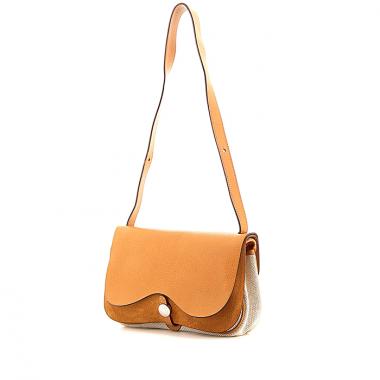 Bolso de mano Hermes Colorado en cuero granulado color oro y lona beige