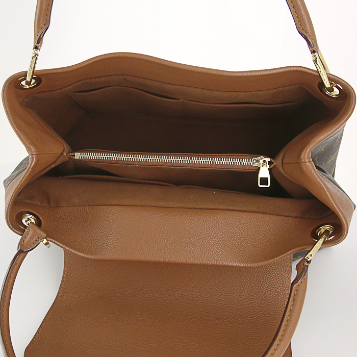 Borsa a spalla Louis Vuitton Olympe in tela monogram cerata e pelle marrone caramello - Detail D2