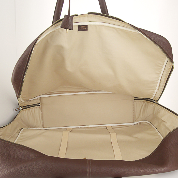 Hermès Victoria travel bag in beige coated canvas and brown togo leather - Detail D2