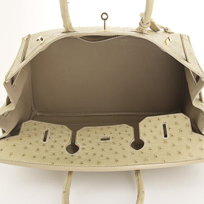 Borsa Hermes Birkin 35 cm in struzzo beige - Detail D2