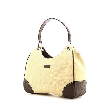 Bolso de mano Gucci Jockey en raffia beige y cuero Monogram marrón