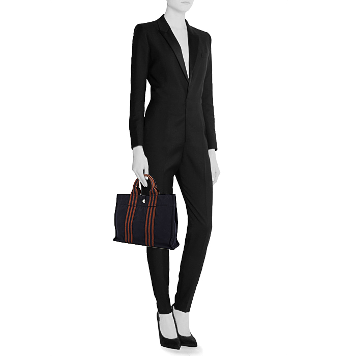 Sac cabas Hermes Toto Bag - Shop Bag petit modèle en toile bleu-marine - Detail D1