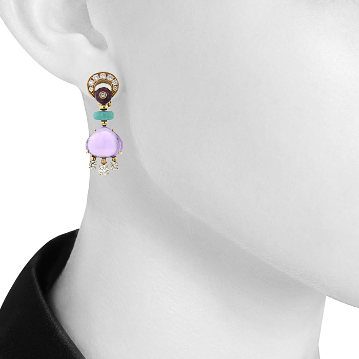 Bulgari 1990's pendants earrings in yellow gold,  amethysts and turquoises and in diamonds