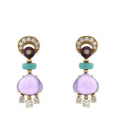 Pendientes colgantes época años 90 Bulgari en oro amarillo,  amatistas y turquesas y en diamantes