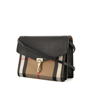Borsa a tracolla Burberry in pelle nera e tela Haymarket beige