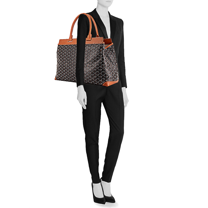 Shopping bag Goyard Bellechasse modello grande in tela monogram cerata nera e pelle marrone - Detail D1