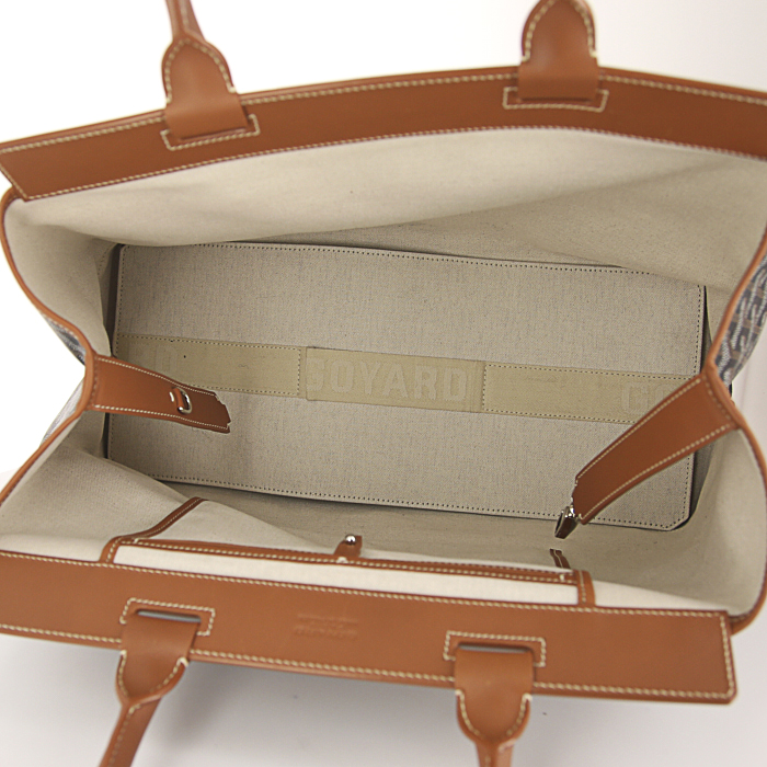 Shopping bag Goyard Bellechasse modello grande in tela monogram cerata nera e pelle marrone - Detail D2