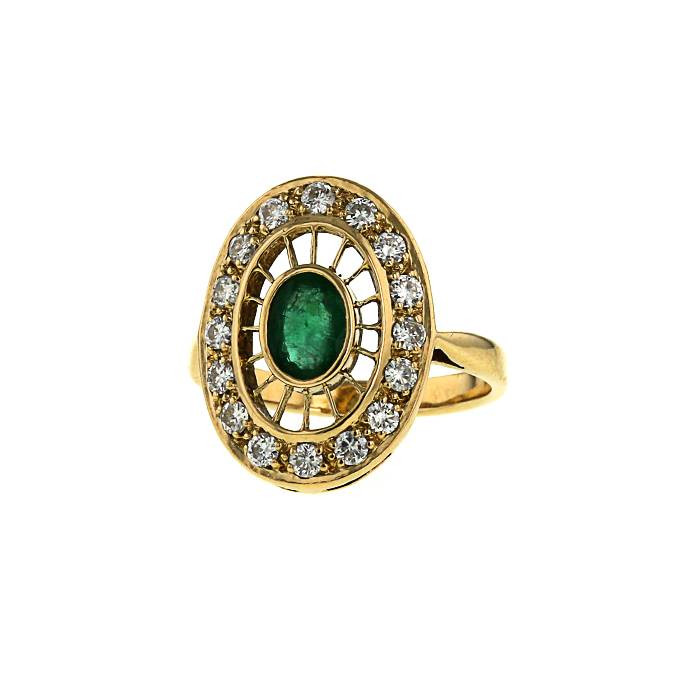 Bague époque années 90 Vintage en or jaune,  émeraude et diamants