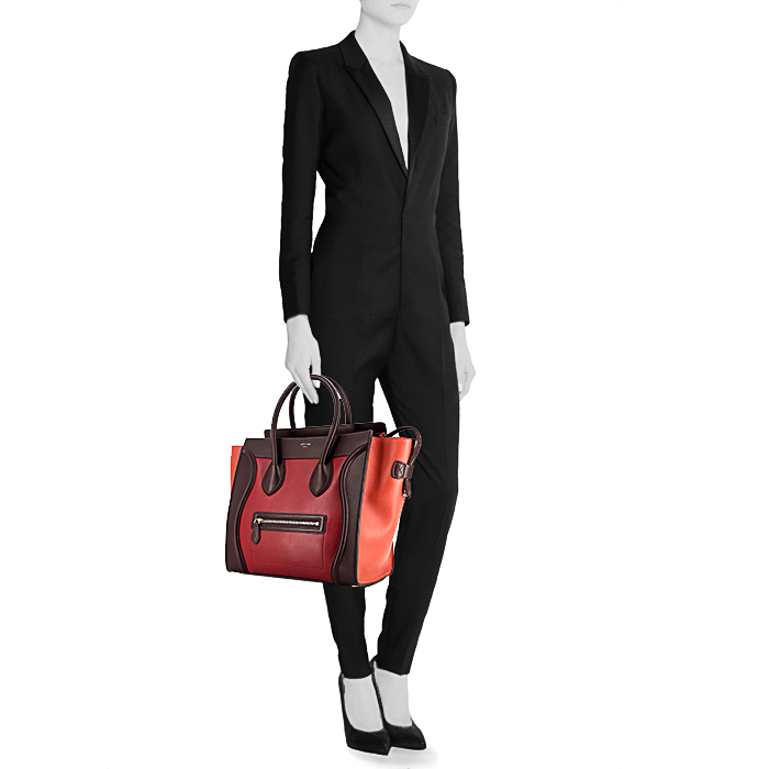 Bolso de mano Celine Luggage modelo mediano en cuero marrón, naranja y rojo - Detail D1