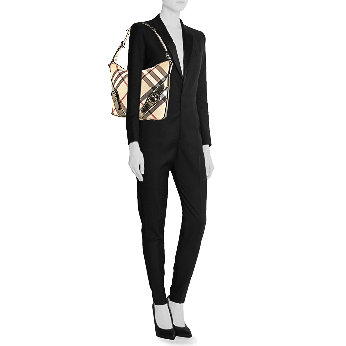 Borsa Burberry in tela Haymarket beige e pelle argentata - Detail D1