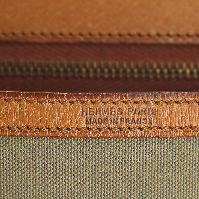 Borsa a tracolla Hermès Vintage Sologne III in tela verde kaki e pelle arancione - Detail D4