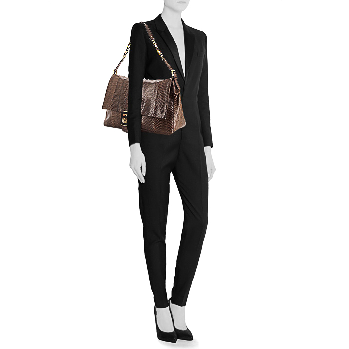 Fendi Big Mama handbag in brown leather and python - Detail D1