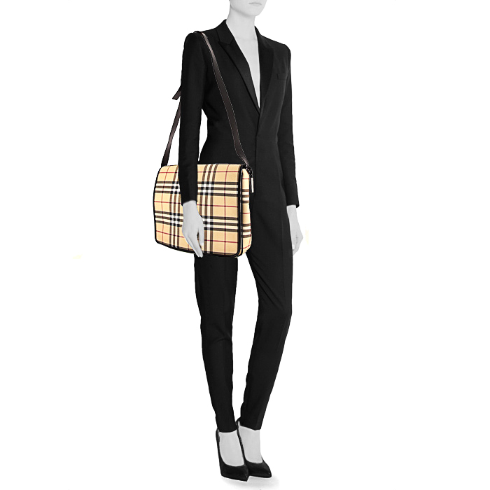 Burberry Shopping shoulder bag in beige, black and red Haymarket canvas - Detail D1