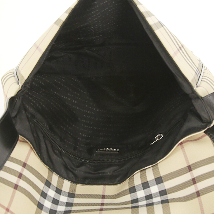 Burberry Shopping shoulder bag in beige, black and red Haymarket canvas - Detail D2
