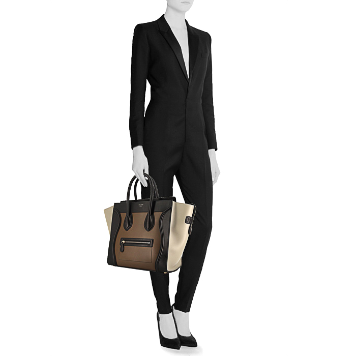 Sac à main Celine Luggage moyen modèle en cuir marron noir et gris - Detail D1