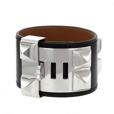 Hermes Médor cuff bracelet in palladium and leather