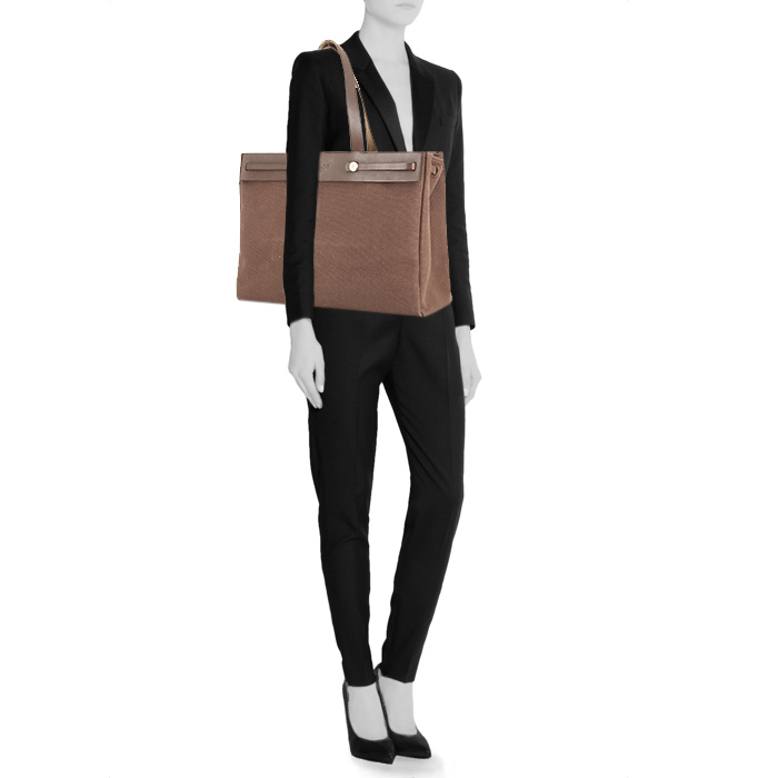 Herbag shopping bag in brown canvas and brown leather - Detail D1