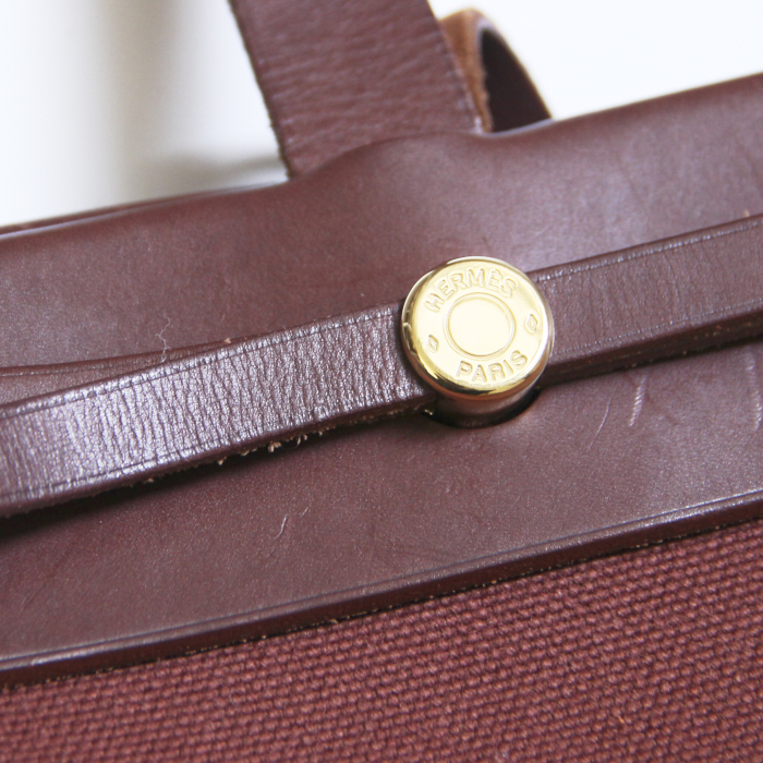 Herbag shopping bag in brown canvas and brown leather - Detail D3