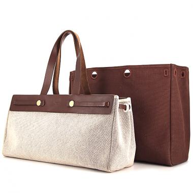Sac cabas Herbag en toile marron et cuir marron