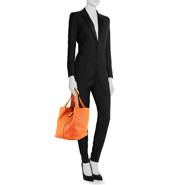 Bolso Cabás Hermes Picotin en cuero togo naranja - Detail D1