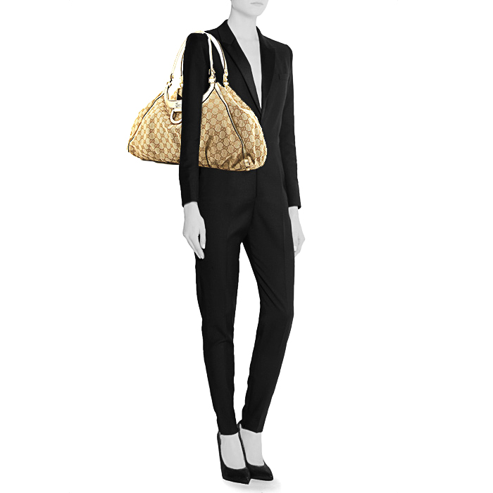 Gucci D-ring shopping bag in beige monogram canvas and gold leather - Detail D1