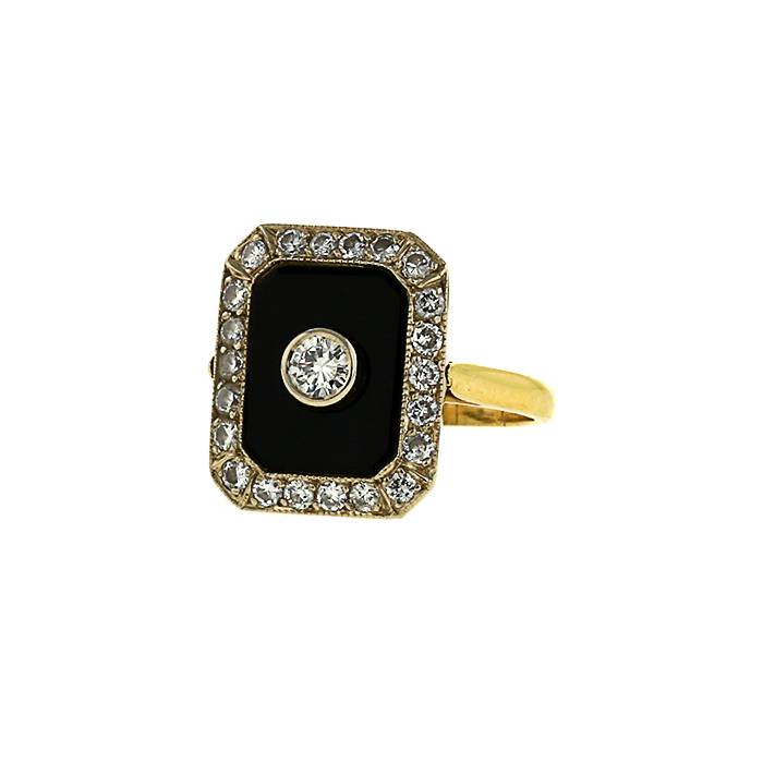 Bague époque Art Déco Vintage en or jaune,  onyx et diamants